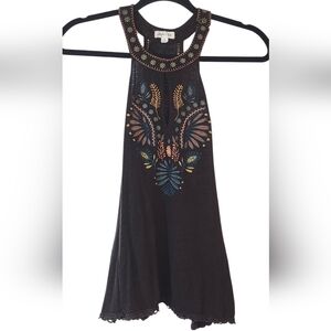 Skylar & Jade Embroidered Brown Sleeveless Top Shirt Boho Halter Tank Top Small